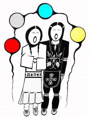 Een traditioneel Ojibwe huwelijk - tekening door edelsmid Zhaawano