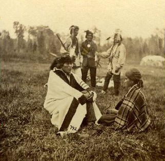 Huwelijksvoltrekking zonder trouwringen omstreeks 1880 tussen een Ojibwe stel 